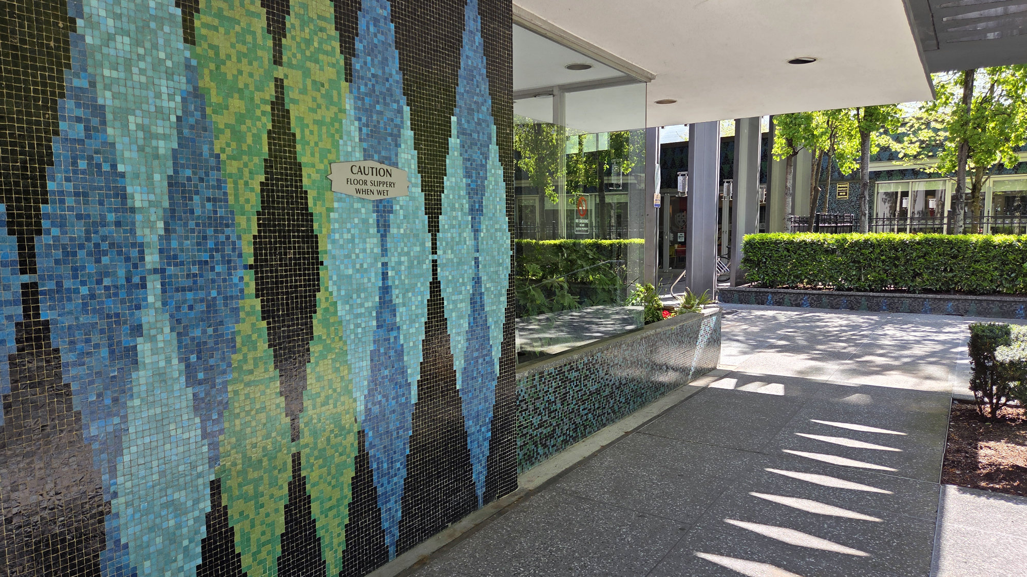 Mosaic tile wall cladding designed by artist BC Binning. Former BC Hydro Building, Vancouver, BC. Source: TRACE